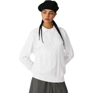 Chic Women's Cable Knit Long Sleeve Pullover - Soft V Neck Sweater for Fall